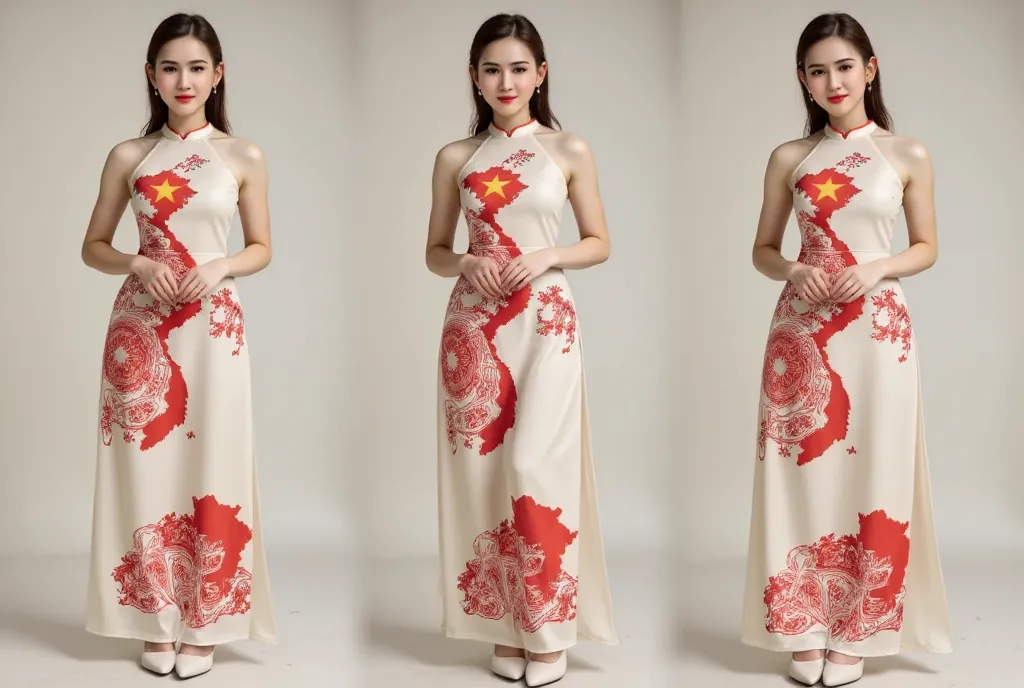 a tok composite photo of a ao dai posing at different angles, a vietnamese ao dai and vietnamese hat, perfect body, perfect face