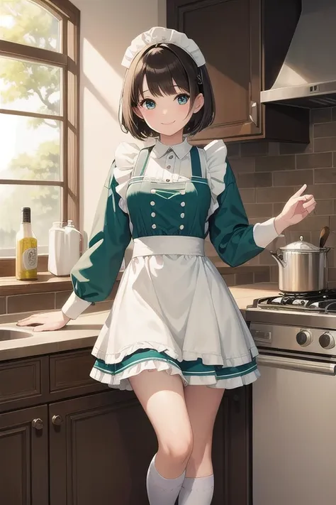 masterpiece、 best quality、beautiful、Fine Lines、 girl、 brown hair、 Teal Eyelids、 maid outfit 、 Knee Socks 、smile、 short hair、 kitchen、