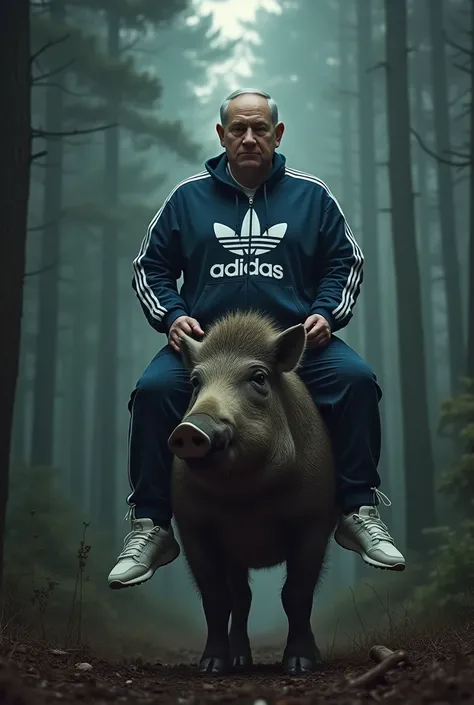 horror scene,   Benjamin Netanyahu with big fat beer belly , wearing 80s adidas suit, wearing white adidas shoes, riding big fat wild boar in the dark norwegian forest