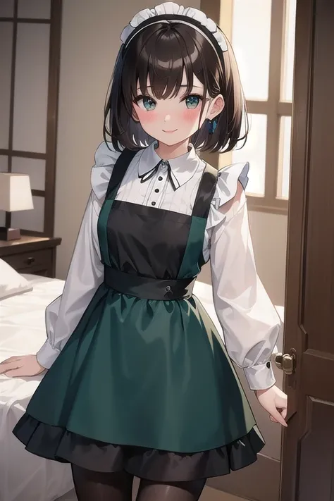 masterpiece、 best quality、beautiful、Fine Lines、 girl、 brown hair、 short hair、 Teal Eyelids、smile、blush、Pale lips、black maid clothes、 black pantyhose 、bedroom、