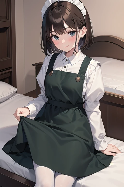 masterpiece、 best quality、beautiful、Fine Lines、 girl、 brown hair、 short hair、 Teal Eyelids、smile、blush、Pale lips、black maid clothes、White apron、 black pantyhose 、bedroom、