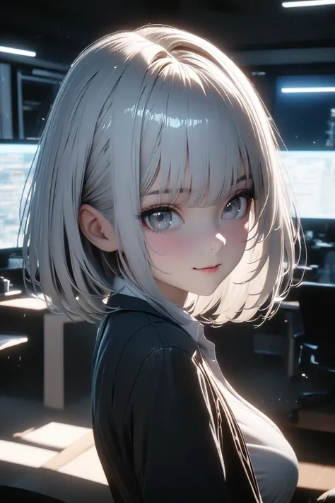 (8K, best quality:1.3), unreal engine, soft lighting, A gaze that captivates the viewer, portrait, (very short silver-white hair), detailed hair, straight bob hair, cute face, glowy skin, beautiful breasts, business suit, dress shirt, office,