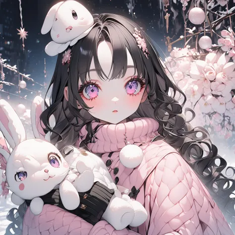 A shot showing all of my head！ゴスロリ系womanの子。 Evangelion Aska 。 3D Gothic Lolita 、woman、Winter clothes、sweater、 muffler 、 Christmas。 is holding a stuffed rabbit、cute。beautiful。nice。 long curled eyelashes 。Nail。Hairstyle:  Long Straight Curly Hair 。 clear dou...