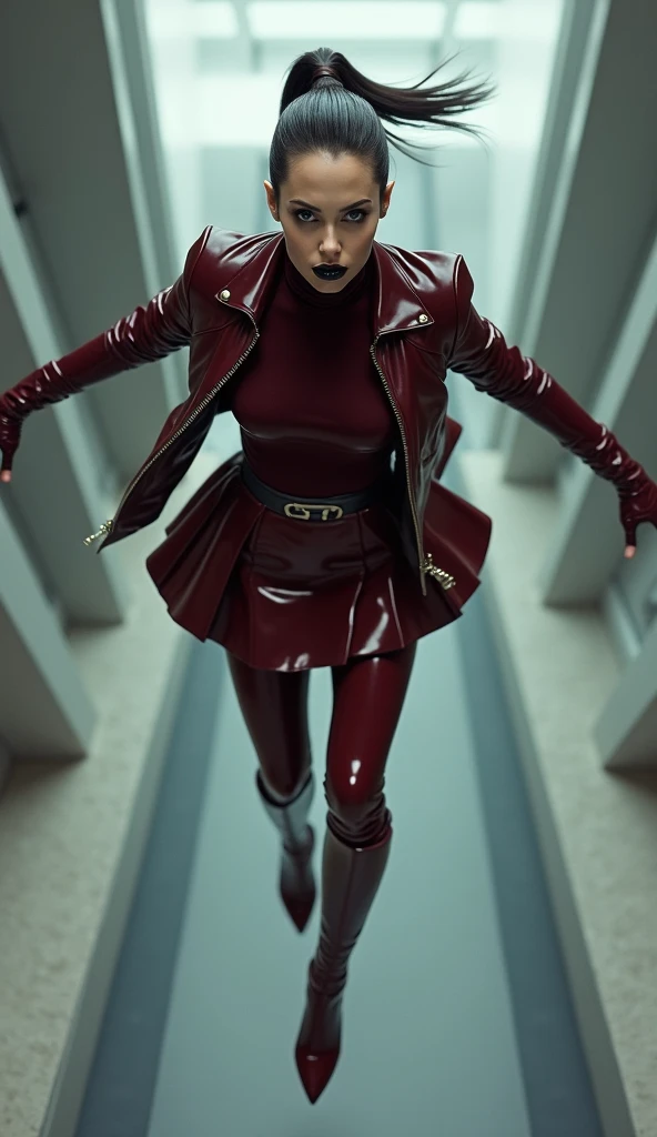 angelina jolie, en action de voler dans les airs, latex, brillant, futuriste, chemise t-shirt latex marron rouge foncé, col roulé latex marron rouge foncé, t-shirt zippé latex marron rouge foncé, cape latex bleu marine, anneaux métaliques coup, corset late...