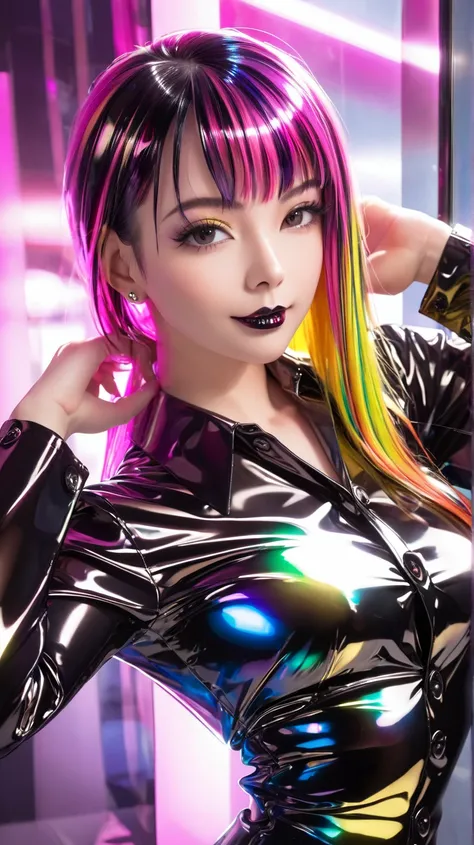  1 girl, multicolored hair, Breasts,  seductive smile , Lens reflection, Reflected light,  buttoned in extremely tight shiny latex blouse, Necktie, fur coat, black metallic lipstick 