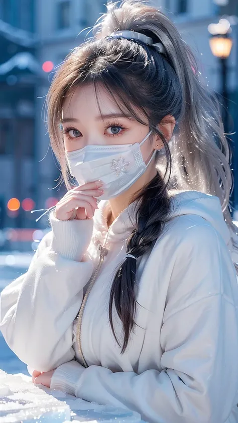 Half-length front view，( ice sculpture theme park )、night，Street Lights、Passersby，snowflake，Thick snow 、 A young girl 、(silver gray high ponytail )、(Fashionable outerwear)、 sexy perfect figure、((Face mask))、 facing the camera、 bright light 、(Cute eye makeu...