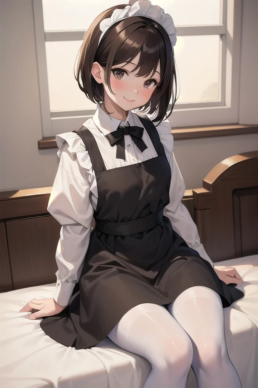 masterpiece、 best quality、beautiful、Fine Lines、 girl、 brown hair、 short hair、 Brown Eyes 、smile、blush、Pale lips、Black maid outfit、White apron、White pantyhose、bedroom、 sitting on bed 、