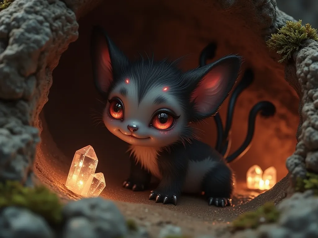 ((masterpiece))  ((highest quality))  ((photography))  
a cute imaginary baby animal in a small cave, featuring soft, feather-li...