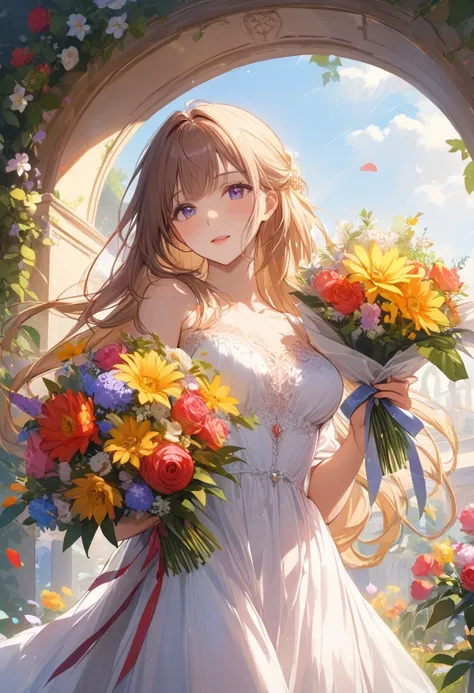 score_9, score_8_up, score_7_up, masterpiece, best quality, 8k,  girl ,  A bouquet of flowers in hand ,  Bright White Dress , lush, beautiful colors, rich colors , Arch of flowers, Flowers are flowing ,  ulybka, Joy,  Perfect Anatomy ,  Perfect Facial Feat...