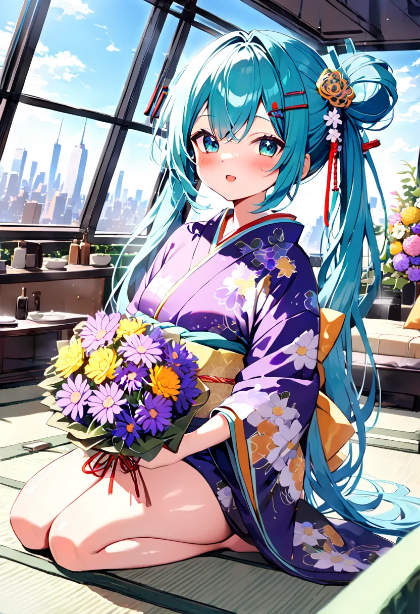 (hatsune miku:1.2), (blush:1.4), (gleaming skin, shiny skin:1.4), (kimono, gorgeous:1.4), (japanese hairpin:1.4), (seiza:1.4), (...