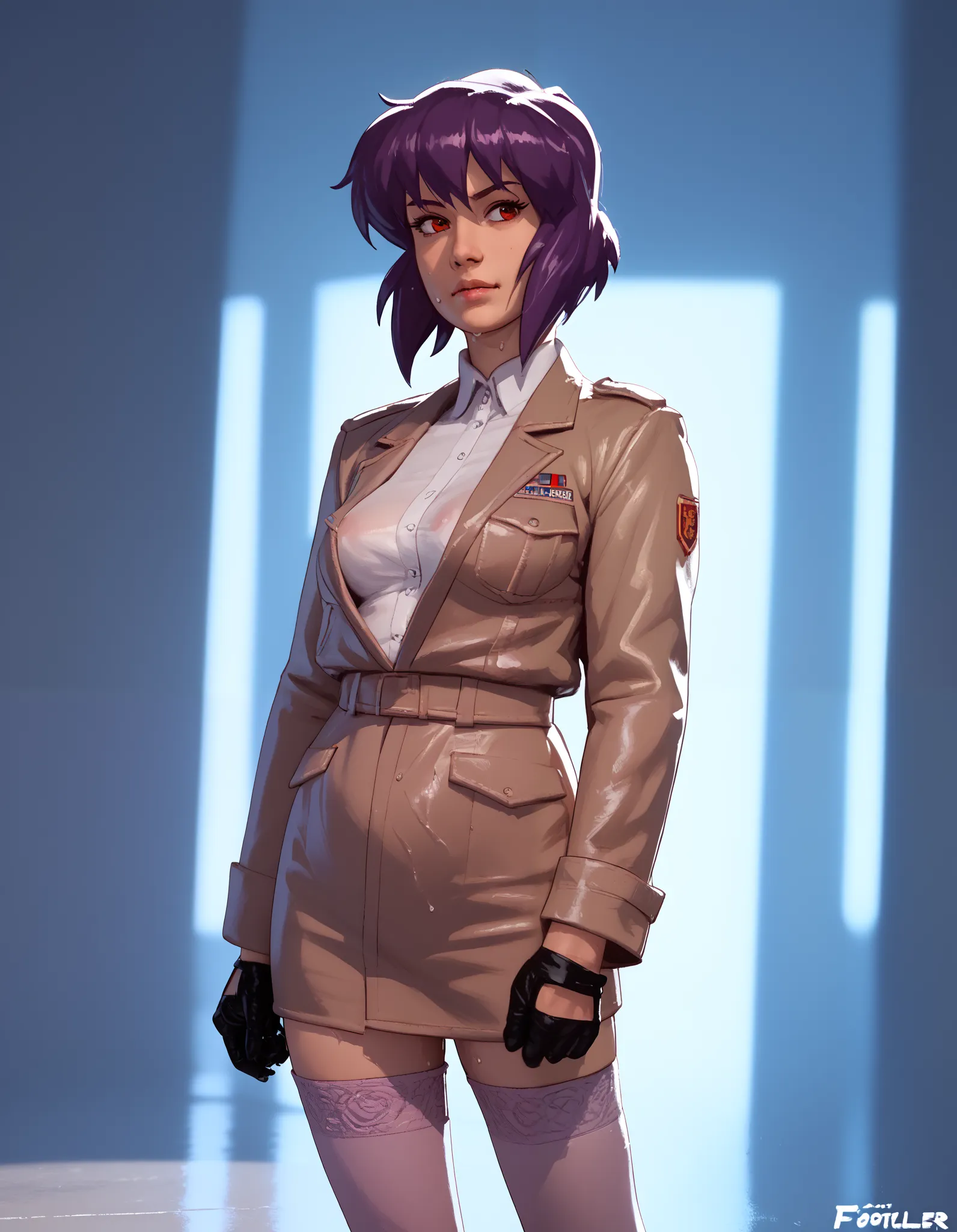 nsfw render of motoko kusanagi hentai scenes. motoko is alone in a dark and wet parking garage. she is wearing her tan military ...