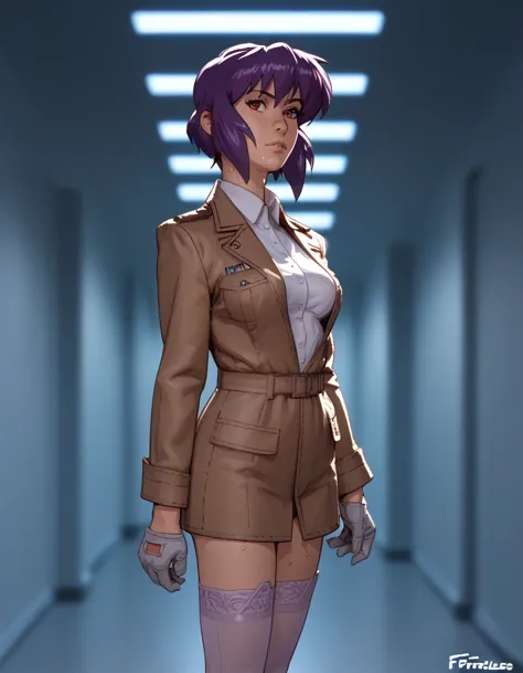 nsfw render of motoko kusanagi hentai scenes. motoko is alone in a dark and wet parking garage. she is wearing her tan military ...