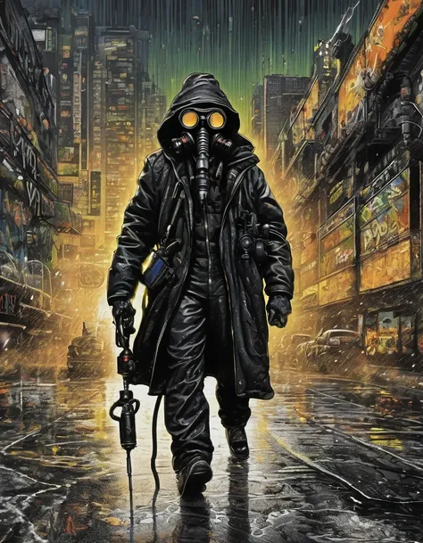 Black Rain, Mad Gasser, painting of a Mad Gasser in the Black Rain, Mad Gasser walking in the Black Rain, Wearing a gas mask with tinted goggles, Black hat, black cape, tight black leather suit, Compact backpack sprayer, Whole body all black. Art of Enki B...