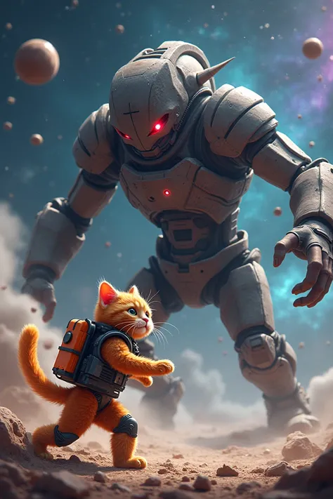  A cute orange AI cat in a space suit fights against a giant dangerous monster,  punching ,  with slaps and kicks in the ,  galaxy and in the background there are lots of stars and small asteroids , like in any galaxy 