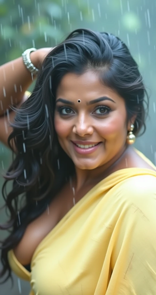 Looking at the viewer with sexy look, front view,Indian sexy bhabhi, wearing yellow glossy saree,tight yellow sleevless strapless bra, dancing outside in rain,dripped wet in rain, half drape saree,both hands on head showing dark hairy armpits,detailed wet ...