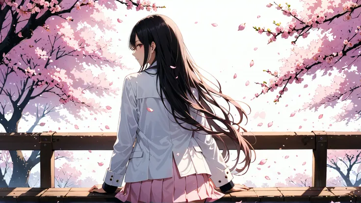 in style of Santiago Caruso
BREAK
1girl, wooden bench, wooden fence, cherry blossoms, vast left whitespace, warm lighting, simple long hair, from behind, (white background,looking at viewer:1.5), gazing at observer, ,  floating pink petals, cherry blossom ...