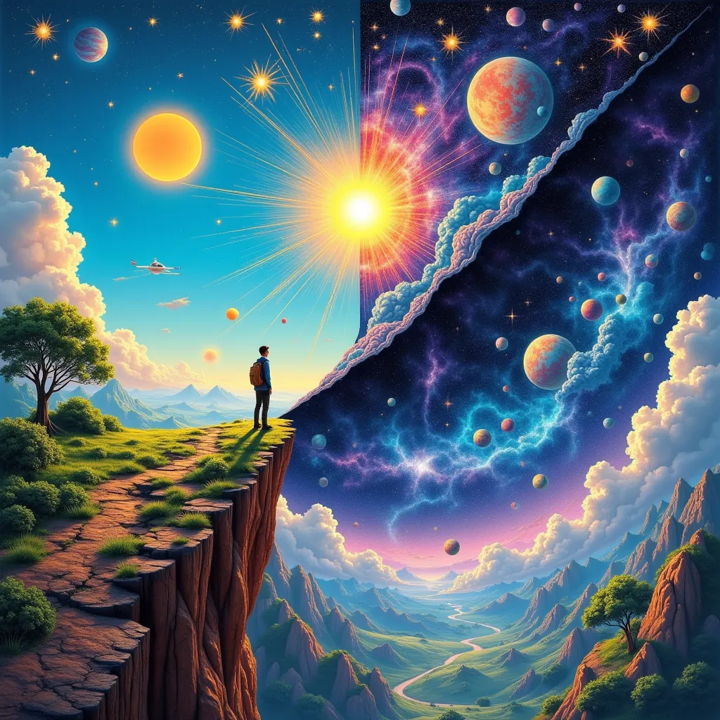 a surreal, 3d dmt-core vision inspired by an ancient cosmic illustration, depicting a traveler standing on the edge of existence...