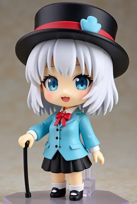  nendoroid by Magical Sempai is albina with short straight white hair, Blue eyes with left skin fang , with black hat top hat ,  white shirt , sky blue suit,   red bow and short black skirt and with short black cane 