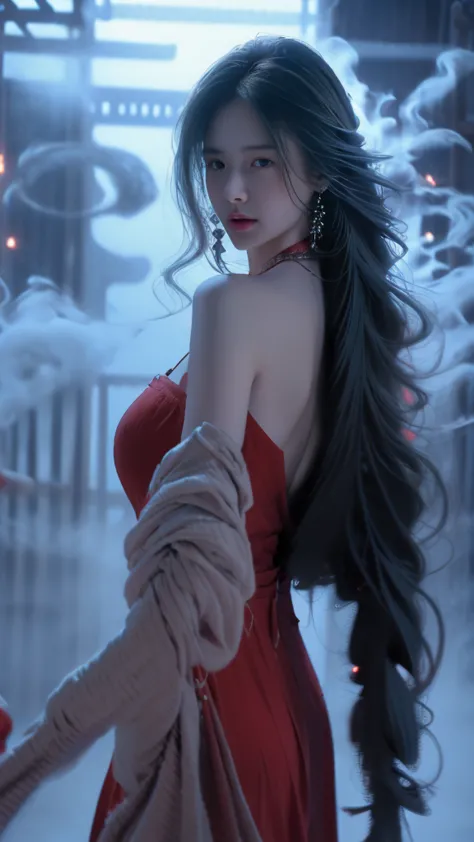 realistic detailed photo of a giant breasted girl with exposed shoulders, detailed fingers, high quality skin, red eyes, alone i...