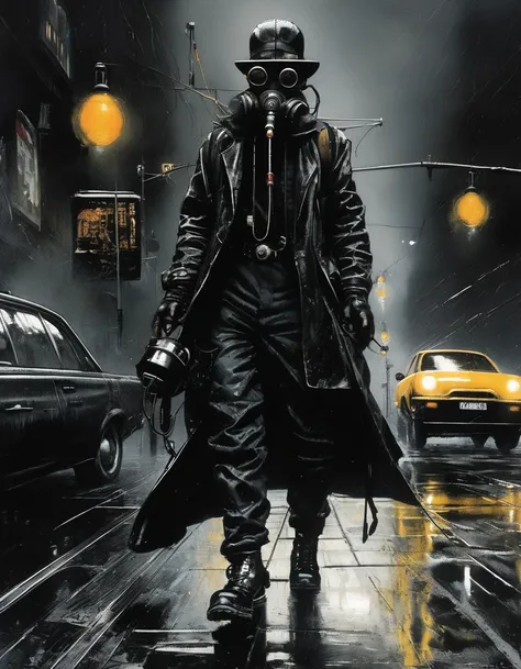 Black Rain, Mad Gasser, painting of a Mad Gasser in the Black Rain, Art of Enki Bilal, Inspired by Enki Bilal. Mad Gasser walking in the Black Rain, Mad Gasser with an umbrella walking under the rain, holding Black umbrella. Wearing a gas mask with tinted ...