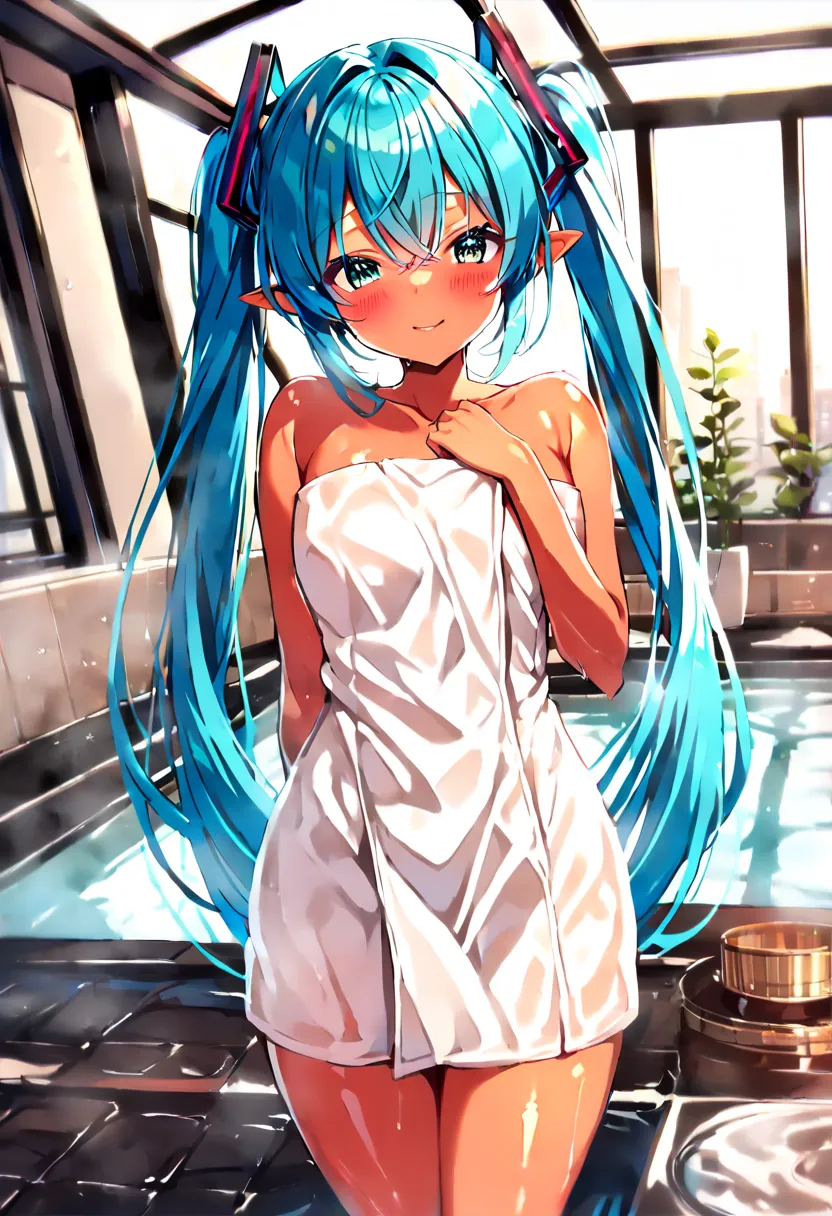 (hatsune miku:1.2), (pointy ears:1.4), (tan:1.4), (blush:1.4), (gleaming skin, shiny skin:1.4), (naked towel:1.4), (cowboy shot:1.4), (luxurious penthouse, rooftop hot spring, open-air bath:1.4),