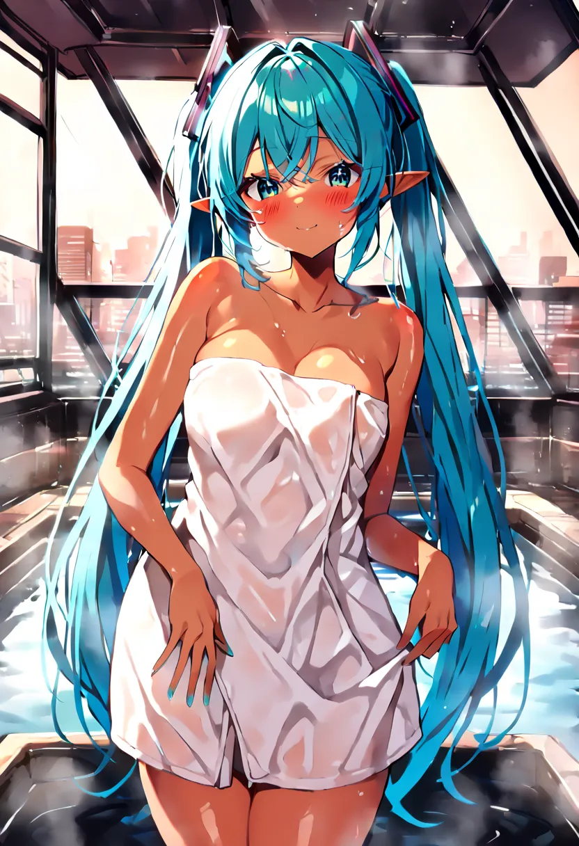 (hatsune miku:1.2), (pointy ears:1.4), (tan:1.4), (blush:1.4), (gleaming skin, shiny skin:1.4), (naked towel:1.4), (cowboy shot:...