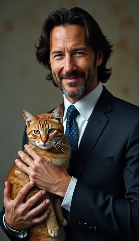  front view  Standing Pose , hold a  cat , American White man is  Keanu  Reeves , 60-age, smile , suit style, blue necktie,   my home, in Ney York, noon,(super detail, high details, high quality, accurate, anatomically correct, textured skin, beautiful fin...