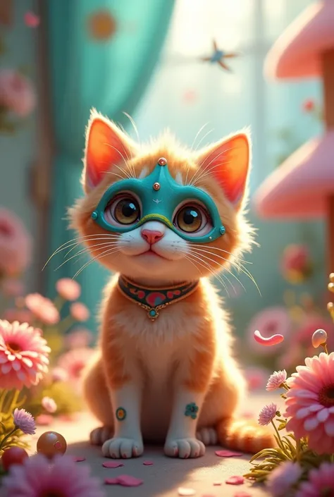 
create an image of a **kitten**  adorable with a mutant touch . O kitten deve parecer curioso,  with funny elements like a fun mask or colorful stickers on his body.  He must be exploring the environment surrounding the babies .