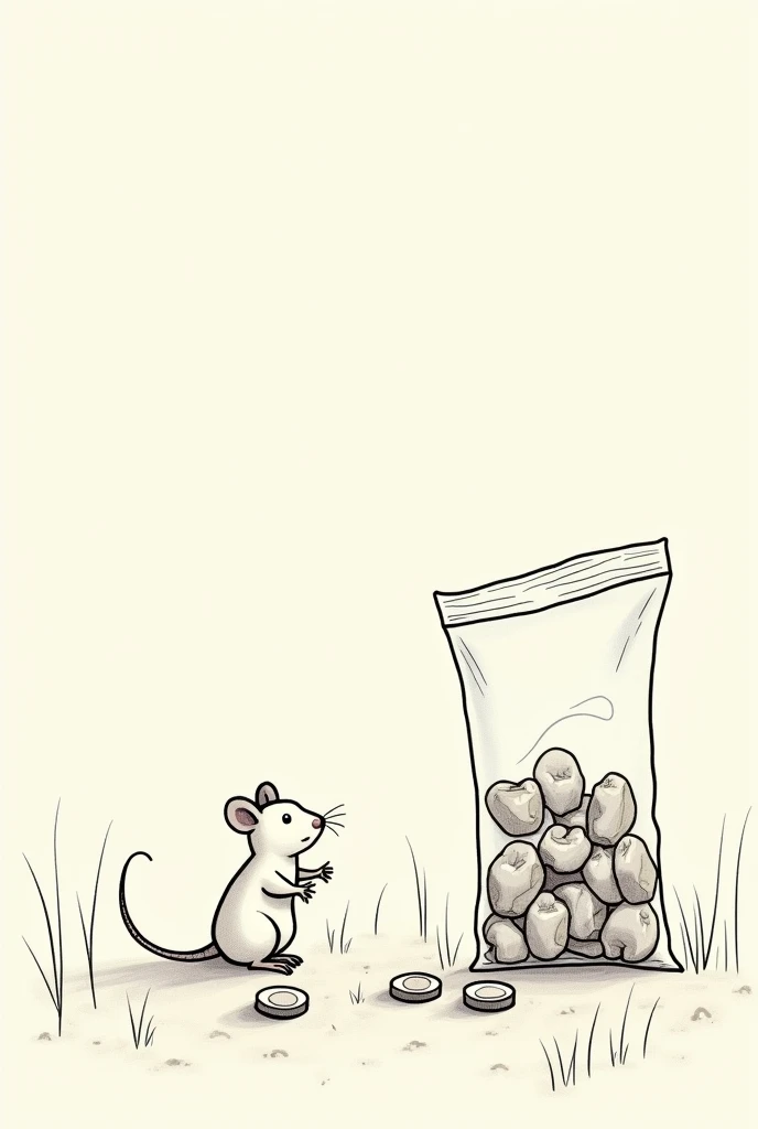 illustration art lineaire simple et expressif dune souris dans un champ avec des sous €. A terre un sac en plastique transparent rempli de dents de lait humaines. oN voit les dents. , bande dessiné de journal