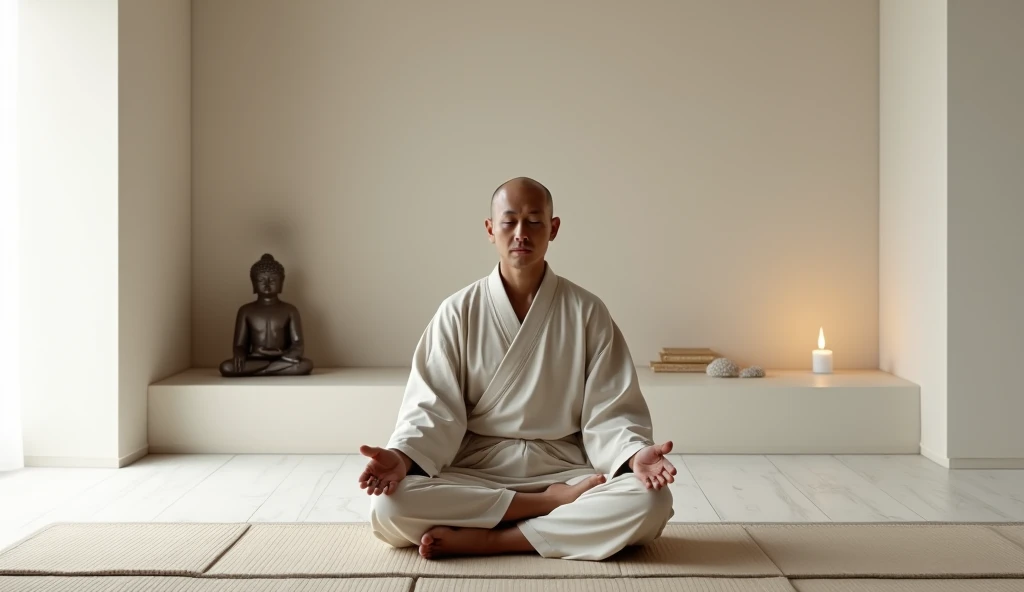  A monk practicing Zazen in a minimalist meditation room ,  with white or light wood walls and the floor covered by simple tatami .  The monk is in a lotus position ,  with the posture straight and the hands placed on the lap in a meditation gesture .  His...