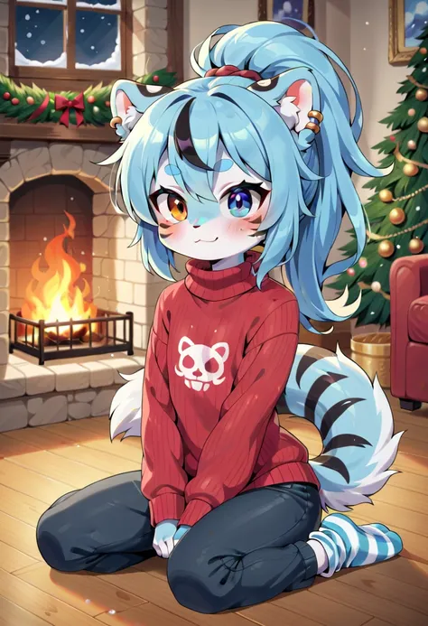 (tiger girl, anthro, textured fur, fur tufts, furry, loli body, loli height, flat chest, loli face, heterochromia, multicolored hair, ponytail, piercing, makeup, tattoo, large long knitted sweater, warm socks), ((tiger sitting on the floor by a burning fir...