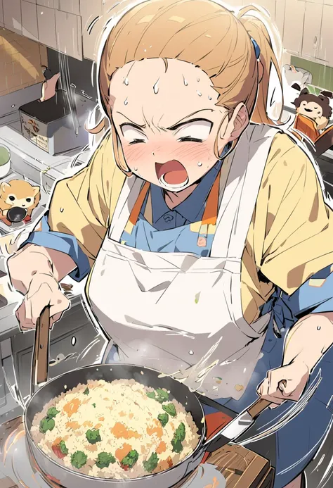  fry fried rice briskly , Chinese pan,  shaking a wok, チャーハンが宙を舞う, Gas stove, High heat power , cute high school girl, uniform,apron, ponytail, exporsed side stomach,  miniskirt,  having otters ,  dancing in the pot, open mouth,  Im going to make fried ric...