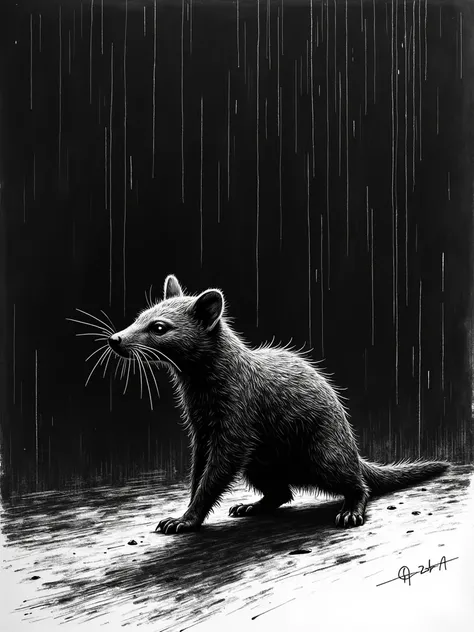 IMG_4837.CR2: ((Masterpiece)), ((high-contrast black and white illustration)), (intense, sharp outline of a weasel walking in the rain, side view), ((dark, stormy background)), ((dynamic, diagonal rain streaks)), ((engraving or scratchboard effect)), (abst...