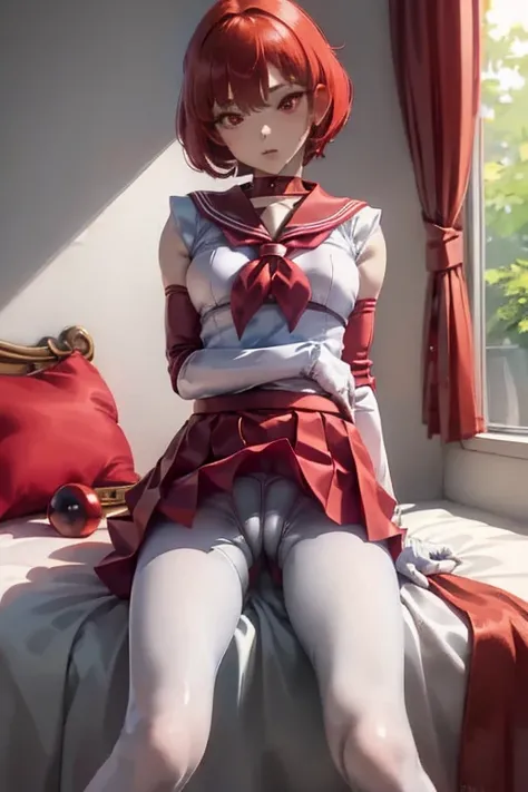 masterpiece,  best quality,  one girl , (Karen),Red color hair, ( Red Eyes:1.2),((Sailor Warriors))、(( miniskirt))、(( embarrassed expression))、((bedroom))、(( stand up from women ))、(( pantyhose))、(( short hair))、((White long gloves))、(( cross your legs ))