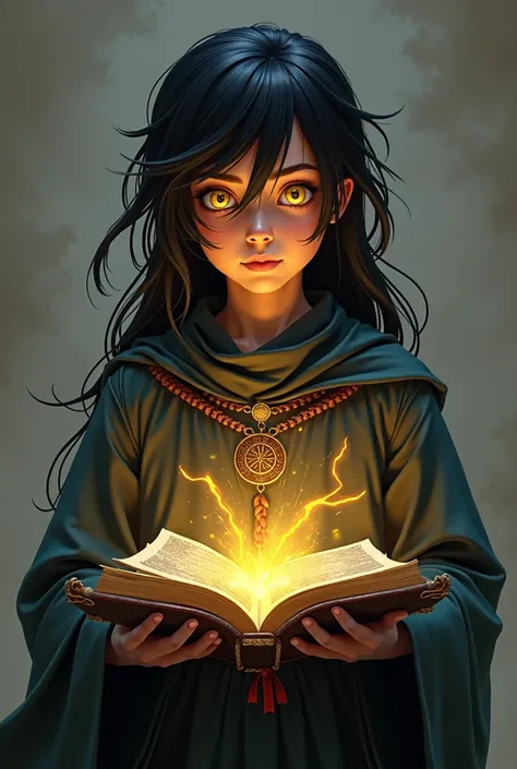  a wizard boy with long black hair, yellow eyes ,  plain background, And with a magic book .