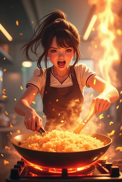  fry fried rice briskly , Chinese pan,  shaking a wok, チャーハンが宙を舞う, Gas stove, High heat power , cute high school girl, uniform,apron, ponytail, exporsed side stomach,  miniskirt,  having otters ,  dancing in the pot, open mouth,  Im going to make fried ric...