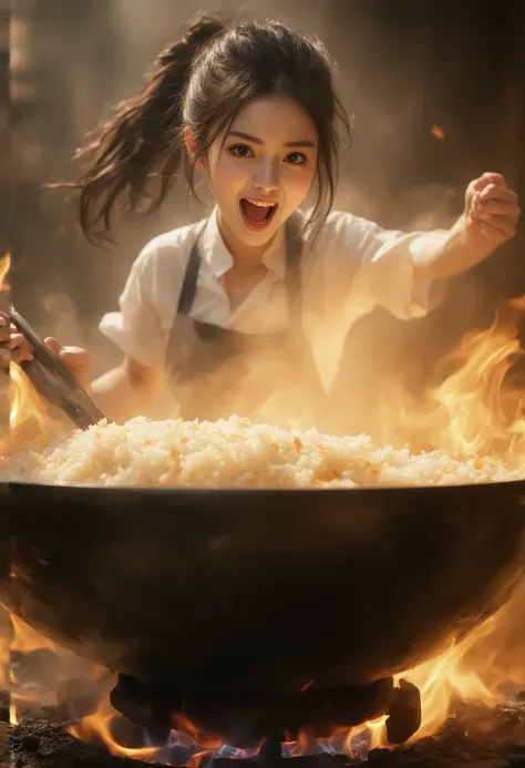  fry fried rice briskly , Chinese pan,  shaking a wok, チャーハンが宙を舞う, Gas stove, High heat power , cute high school girl, uniform,apron, ponytail, exporsed side stomach,  miniskirt,  having otters ,  dancing in the pot, open mouth,  Im going to make fried ric...