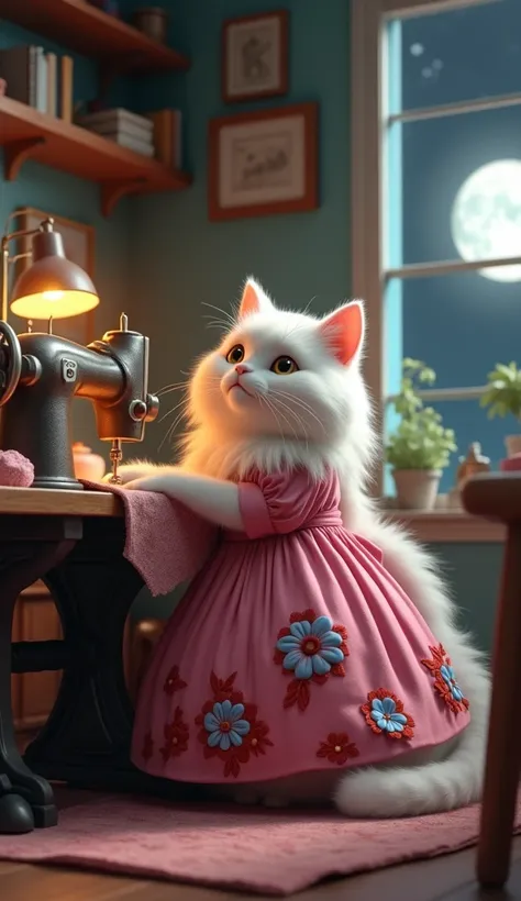 cinematic 3D style, HD image, realistic image, colourful image.
Character, Lena big white long cat A bit fat,wearing pink long dress has red and blue flowers printed.
Action,Take me inside the house, the big cat sewing machine is running and clothes are be...