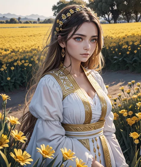 in a beautiful flowers field many beautiful mature womans lying in a field of beautiful white, yellow and gold flowers. there ha...