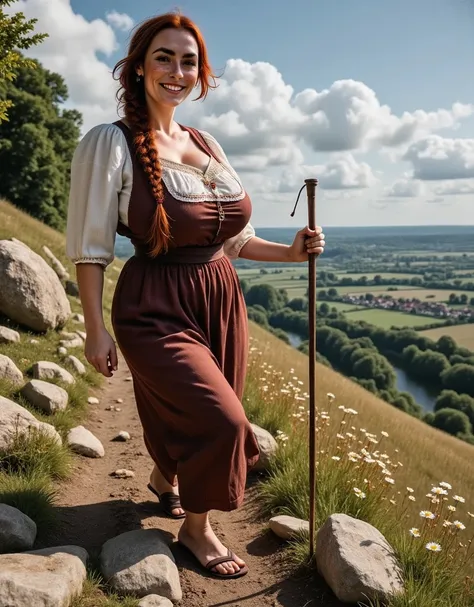 Photorealistic,(high-angle picture),  featuring a beautiful british woman hiking up the hill, happy smile. with brown eyes, downturned eye shape. She has high cheekbones and dark eyebrows. She has reddish-brown hair, long hair made into a milkmaid braid ac...