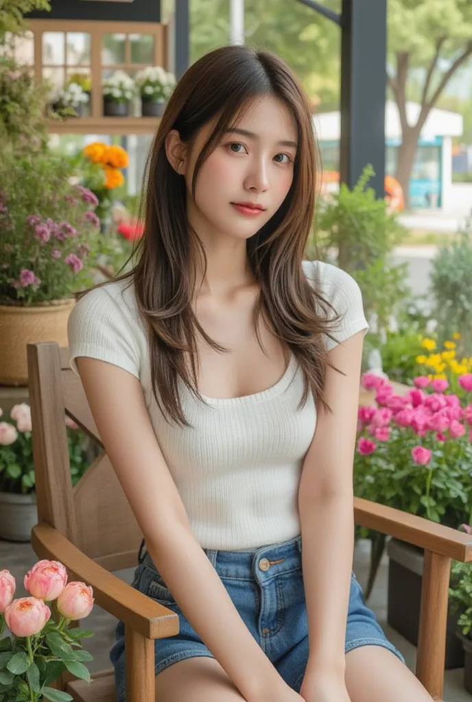 thai girl,yarn single breasted blouse, jeans shorts, sitting on a chair, in a flower shop ,stand, perfect body