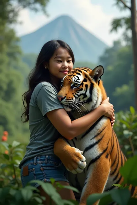 Txt2Img Studio 19 :16:43 (photorealism:1.2), A beautiful young Indonesian fat woman facing the front in a Celna Jeans t-shirt is hugging a tiger in a lush forest in the beautiful nature of Mount Merapi.looks natural 