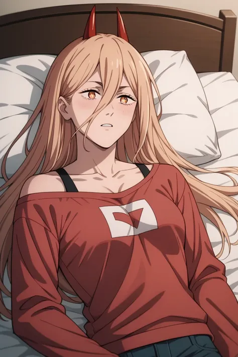  source_anime, BREAK, 1girl, solo, p0w3r0x1, power, long hair, blonde hair, red horns,demon pupils, red sweatshirt, cleavage, blushing, small breasts,     couple, lying together, 1girl, shorter  arms,smaller, petite,  holding him,perfect ass, 1male, close ...