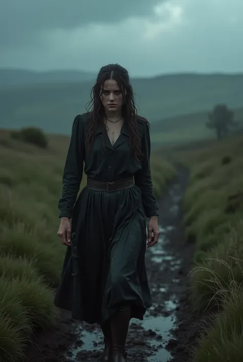 Realistic, theme is "walking in the rain", scene from the British novel "Wuthering Heights", woman searching for Heathcliff, wandering through the hills in the pouring rain, dark and lonely British hill scenery, serious scene, sophisticated design, advance...