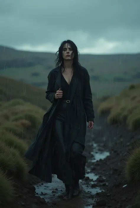 Realistic, theme is "walking in the rain", scene from the British novel "Wuthering Heights", woman searching for Heathcliff, wandering through the hills in the pouring rain, dark and lonely British hill scenery, serious scene, sophisticated design, advance...