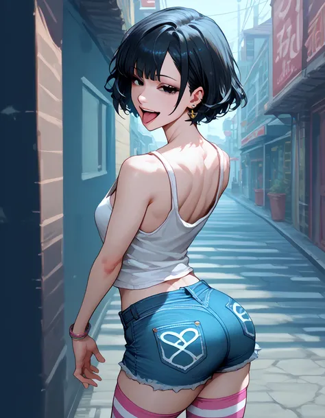 1girl, black hair, , black eyes,,, ,,half closed eyes,,,tank top,denim shorts,,,,looking viewer,,loli,petite,smile,collarbone,,striped thighhighs,gyaru,,(((bent body))),short hair,bob hair,open mouth,tongue,,butt,standing,from behind,earring