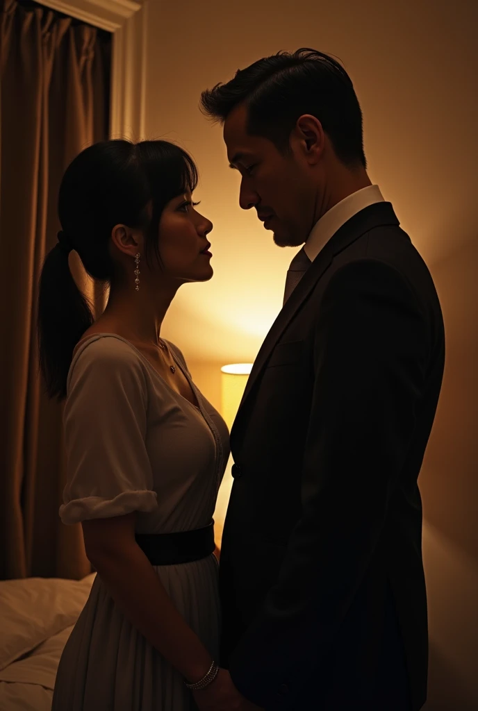 A very cute and breasted Japanese woman in her 50s stares at a hotel bedroom with a middle-aged man in a suit in her 50s、A woman is trying to push the man down 。 The distance between them is close and their lips seem to touch each other even now 。 The room...