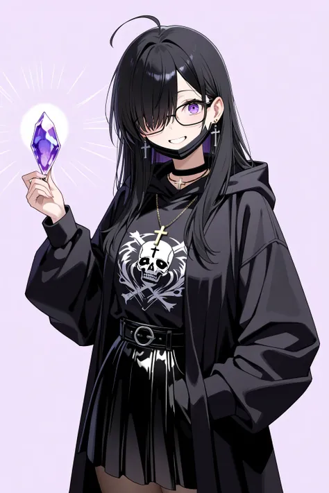  high definition ,  High Quality 、solo、woman、semi-long hair
black hair、Ahoge, , Orange sideburns ,  black mask 、 holding a crystal in his right hand 、 cross necklace、 glasses that are not in {x} degrees、｛Im wearing a black robe、 is wearing a black hood、｝Ba...