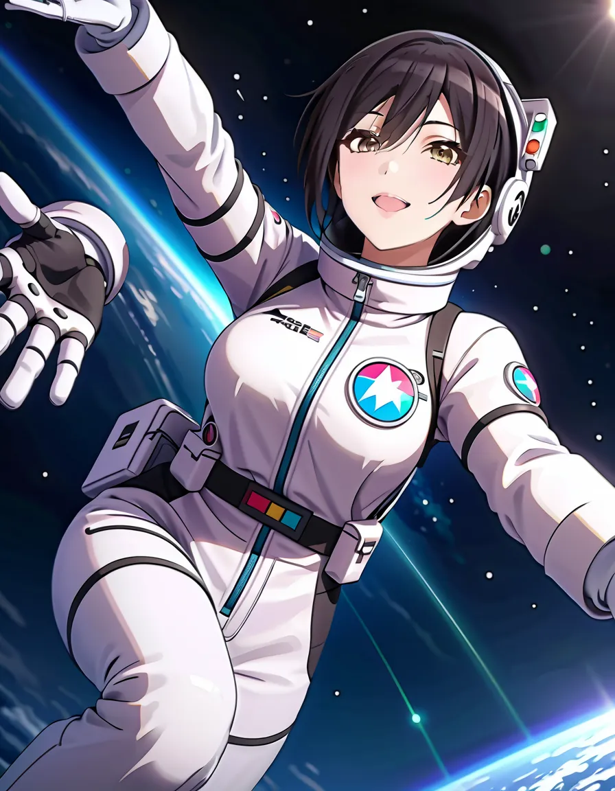 (spacesuit:1.15), white cargo pants, astronaut)bubble helmet, space helmet, white gloves , , looking close at you, outer space, ...