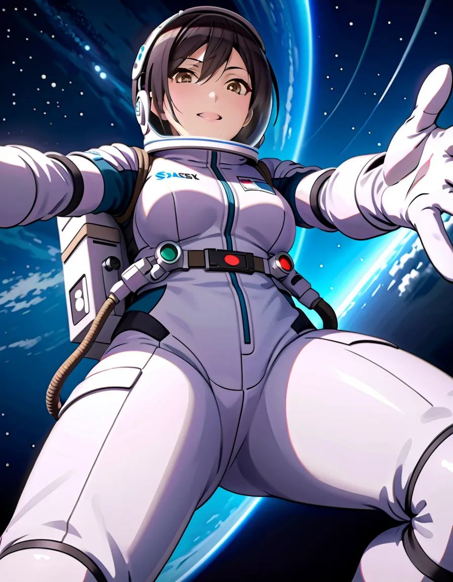 (spacesuit:1.15), white cargo pants, astronaut)bubble helmet, space helmet, white gloves , , looking close at you, outer space, ...